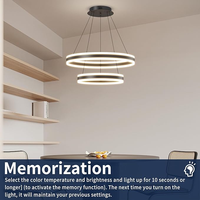 LED Modern Pendant Chandelier, 2 Ring Circular Black Ceiling Pendant Light Fixture, Dimmable 3000K-6500K, Adjustable Flush Mount Hanging Lights for Dining Room, Kitchen Island, Living Room, Office