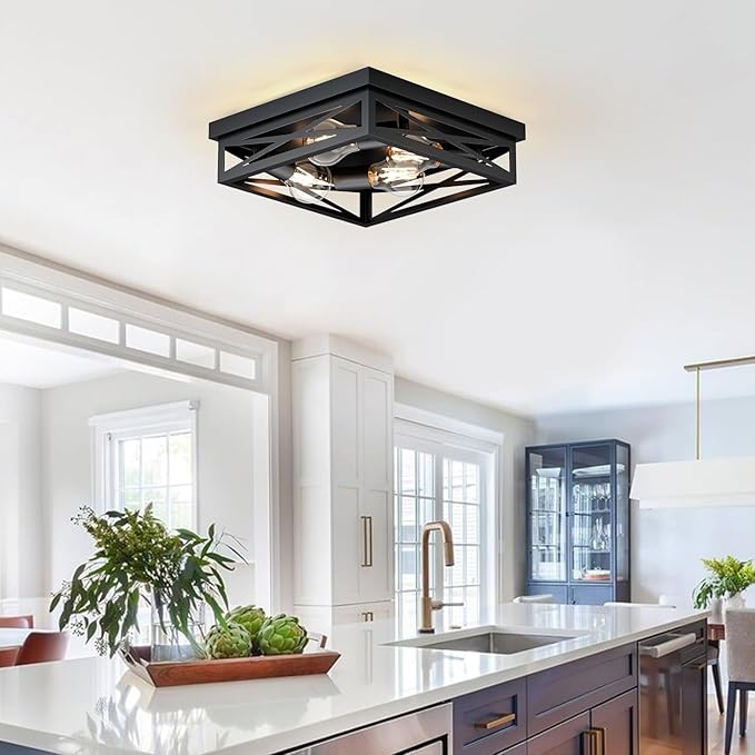 LVWIT 13.8 Inch Flush Mount Ceiling Light Fixtures, 4-Light Black Light Fixtures Ceiling Mount, Square Hallway Light for Kitchen Entryway Hall (E26 Base, Bulbs Not Included)