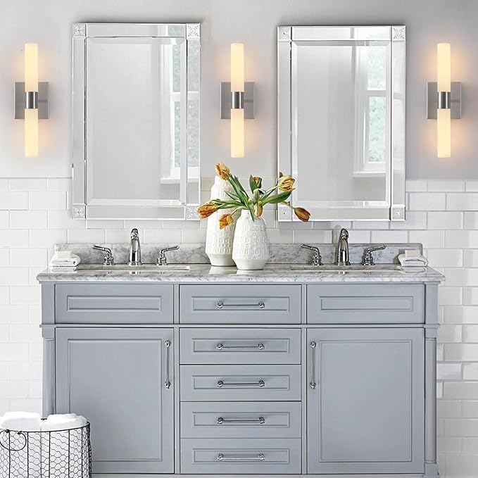 KUZZULL Wall Sconces Set of Two Brushed Nickel Bathroom Sconces Wall Decor Set of 2 Modern Wall Light Fixtures Metal Sconces Wall Lighting with Frosted Glass Shade Wall Mounted Lamp