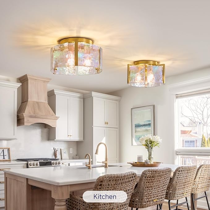 Brushed Gold Semi Flush Mount Ceiling Light Fixture, 14.1'' Modern Drum Glass Hallway Ceiling Light Fixtures, Mid Century Kitchen Lights for Entryway Foyer Dining Room Table Bathroom Bedroom Laundry