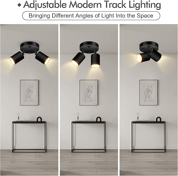 2 Light Track Lighting Fixtures Ceiling, Matte Black Round Directional Ceiling Spotlight, GU10 Flush Mount Track Fixture, Adjustable Modern LED Track Lights for Kitchen/Living Room, Bulb Not Included