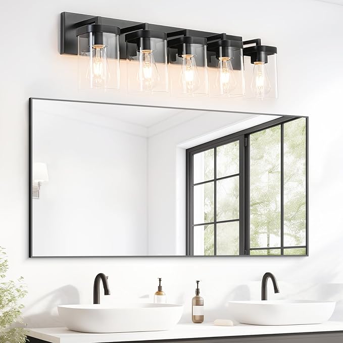 5-Light Bathroom Lighting Fixtures over Mirror, Matte Black Vanity Lights with Square Transparent Glass Shade, Modern Bathroom Vanity Light for Mirror Kitchen, Living Room, Gallery, Hallway
