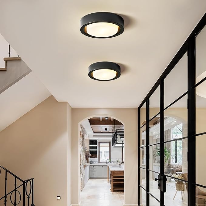 COTULIN Black Flush Mount Ceiling Light,13 Inch Matte Black Ceiling Lighting Fixture,2-Light Modern Round Metal Lamp with White Frosted Glass Shade for Hallway Bedroom Closet Outdoor