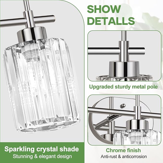 Modern Crystal Bathroom Vanity Light, 3-Light Chrome Vanity Light with Clear K9 Crystal Shades, Bathroom Light Fixtures Over Mirror (Bulbs Not Included)
