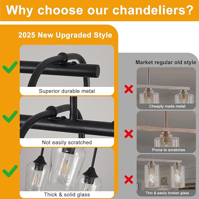38" Dining Room Light Fixture/Chandelier Over Table, 8-Light Matte Black Kitchen Island Lighting with Clear Glass Shade, Modern Hanging Pendant Lights Fixture for Kitchen Island, Dining Room, Bar