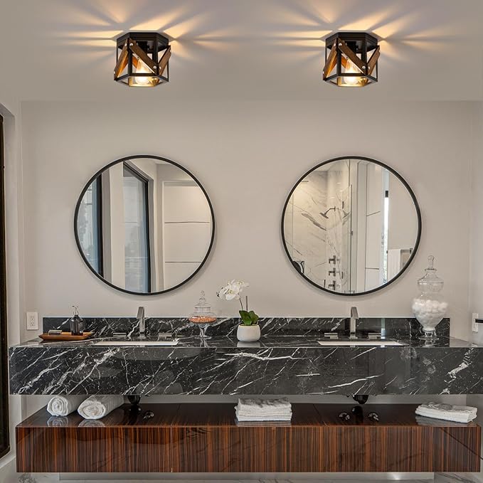 2 Pack Farmhouse Flush Mount Ceiling Light, Rustic Hallway Light Fixtures Ceiling, Vintage Black Lighting Fixtures with Metal and Wood Cage, Small Chandelier for Kitchen Sink Entryway Bathroom