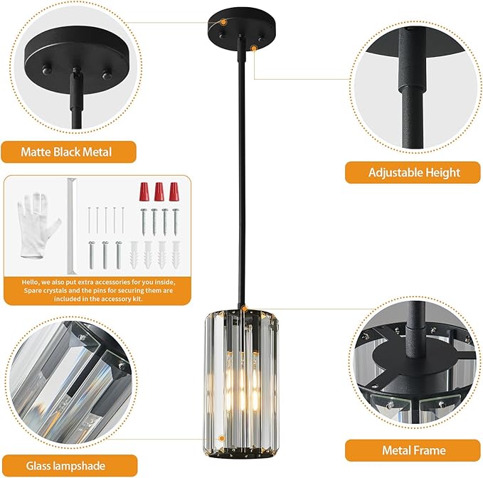 Black Pendant Lighting Modern Pendant Light Mini Crystal Chandeliers,Adjustable Pendant Light Fixture for Kitchen Island Dinning Room Corridor Bedroom(Black 2-Pack)