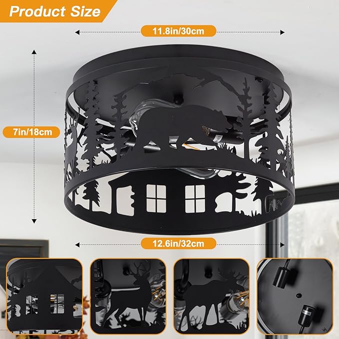 Rustic Flush Mount Ceiling Light - 2-Light Metal Fixture with Deer & Bear Design, Farmhouse Ceiling Lamp for Kitchen, Bedroom, Foyer, and Entryway - Compatible with E26 Bulbs