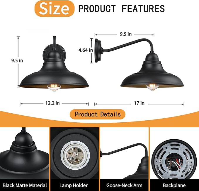 Wall Lights Wall Mount for House Farmhouse Wall Sconce Black Outside Lantern Classic Barn Lights Outdoor & Indoor, 12"，2 Pack