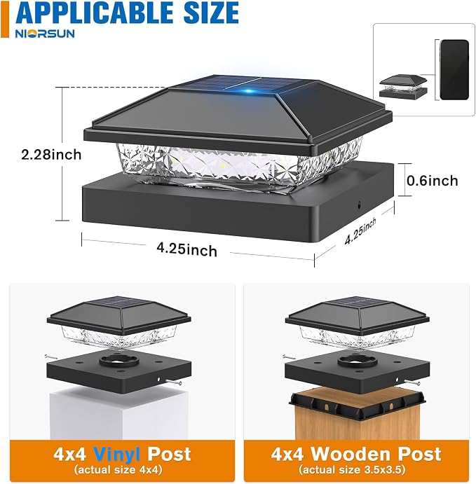 NIORSUN Solar Post Lights Outdoor, Fence Post Solar Lights Cool White, Waterproof, Garden Patio Fence Deck Decor, 4x4 Posts Cap Wood Vinyl, Black 16 Pack