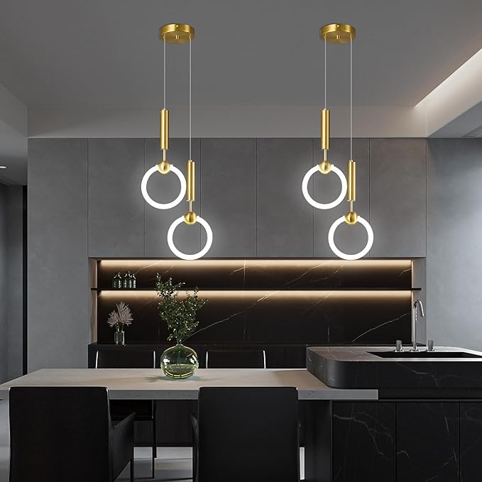 Modern LED Pendant Light Fixtures, Simplicity Gold Pendant Lighting,Circular Hanging Chandelier for Kitchen Island Dining Room Bedroom Entryway Hallway(Gold-2-Light)
