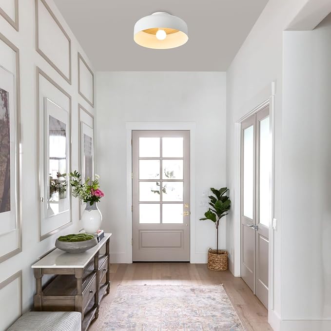 Modern Semi Flush Mount Ceiling Light with Natural Hickory Wood, 12.6" Matte White Light Fixture for Entryway, Hallway, Kitchen, E26 Base