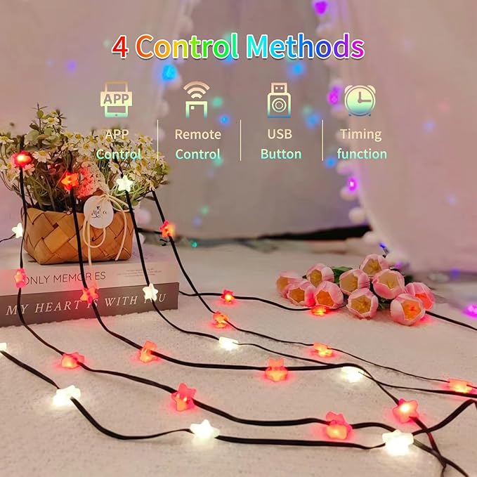 Smart Star Fairy Lights, 33FT 66 LED String Light, Tent Lights for Party with App, Music Sync,Group Control String Lights for Bedroom, Party, Wedding, Holiday Decorations (Star)