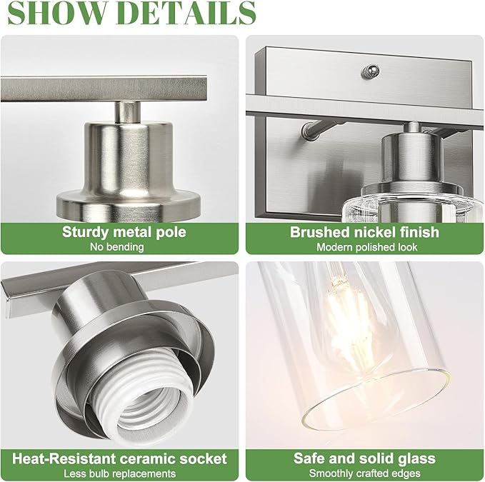 MOKATNG 3-Light Bathroom Light Fixtures, Vanity Light with Clear Glass Shades, Brushed Nickel Bathroom Light Fixtures Over Mirror, Modern Bathroom Wall Lamp for Mirror Living Room Cabinet Bedroom