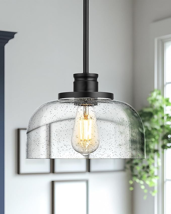 Emak 2 Pack Black Pendant Light Fixtures, 10 Inch Seeded Glass Pendant Lights Kitchen Island, Modern Farmhouse Island Lights for Kitchen, Dining Room, Bathroom, Bar, PL131-BK-SG-2PK