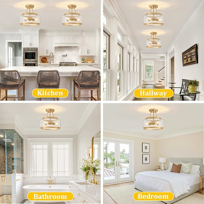 Brushed Gold Modern Ceiling Light Semi Flush Mount Hallway Lights Entryway Chandelier 3-Light Drum Glass Bathroom Ceiling Lighting Fixtures for Kitchen Foyer Bedroom Laundry Dining Room
