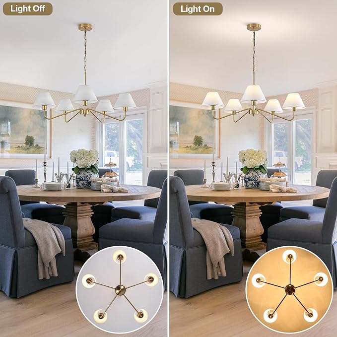5-Light Gold Chandelier, 31.5" Brass Modern Chandeliers with White Fabric Shade, Classic Farmhouse Ceiling Light Fixture, Adjustable Pendant Light for Kitchen Living Room Dining Room Bedroom Entryway