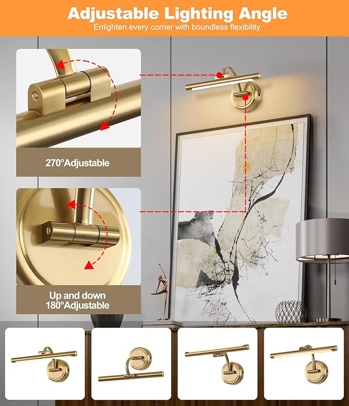 Rechargeable Picture Light for Wall, Dimmable Art Lights for Painting, Battery Operated Wall Sconce with Remote, 3 light Color,Timer & Brightness Setting for Artwork, Gallery(Brass, 12inch)