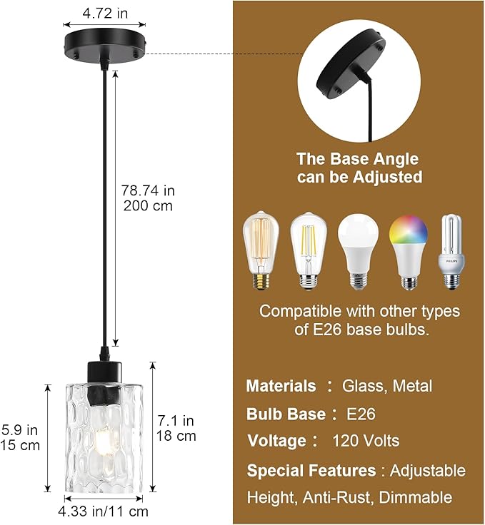 2 Pack Black Pendant Lights Kitchen Island, Adjustable Modern Glass Pendant Light Fixtures Hanging Light Fixture with Hammerde Glass Shade for Bedroom Dining Room Living Room Entryway