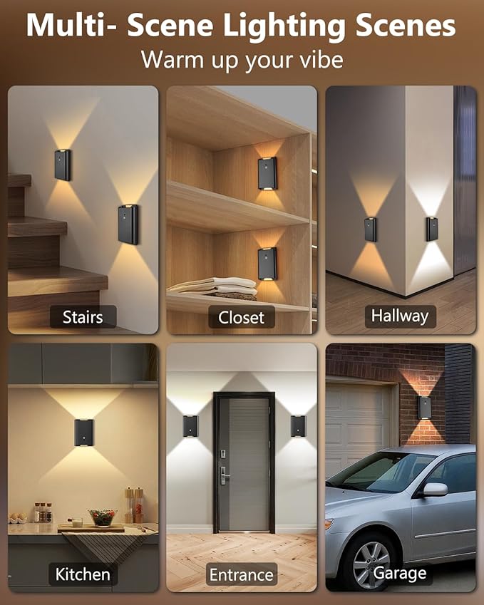 Rechargeable Motion Sensor Wall Sconce Set of 2 – 5000mAh Wireless Battery Operated Wall Light Indoor, 3 Colors Up/Down Lighting Magnetic Night Light with Remote Control for Bedroom, Hallway (Black)