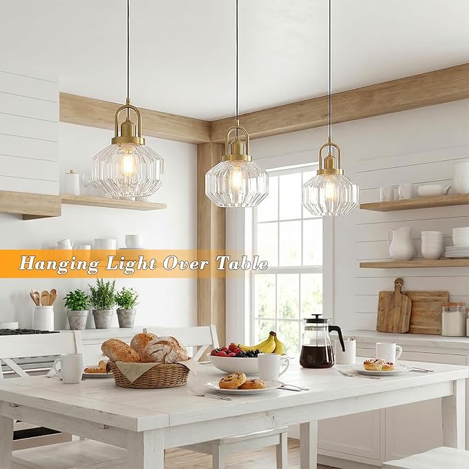 9in Mid Century Modern Clear Glass Pendant Light Fixture, Small Gold Kitchen Island Pendants Light Glass Ceiling Hanging Lamp for Foyer Dining Room Bedroom Entryway Hallway Over Sink