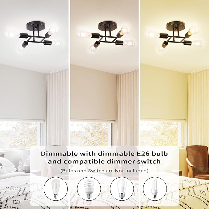 Finktonglan 4-Light Semi Flush Mount Ceiling Light, Matte Black Sputnik Ceiling Light Fixture, Modern Farmhouse E26 Chandelier for Kitchen, Dining Room, Bedroom, Hallway
