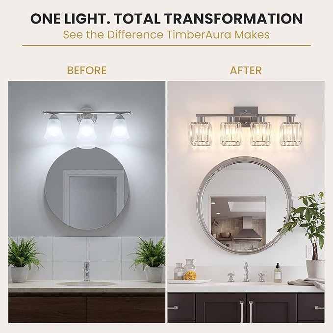 Crystal Bathroom Light Fixtures, 4-Light Brushed Nickel, Vanity Lights for Bathroom Over Mirror, Modern Bath Wall Sconce for Mirror Bedroom Living Room