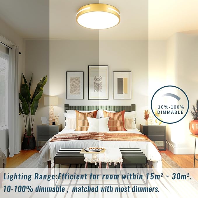 Gold LED Light Fixtures Ceiling Mount, Overhead Flush Mount Ceiling Light Interior 12 inch 24W, Close to Ceiling Light 5CCT for Bathroom, Bedroom, Hallway