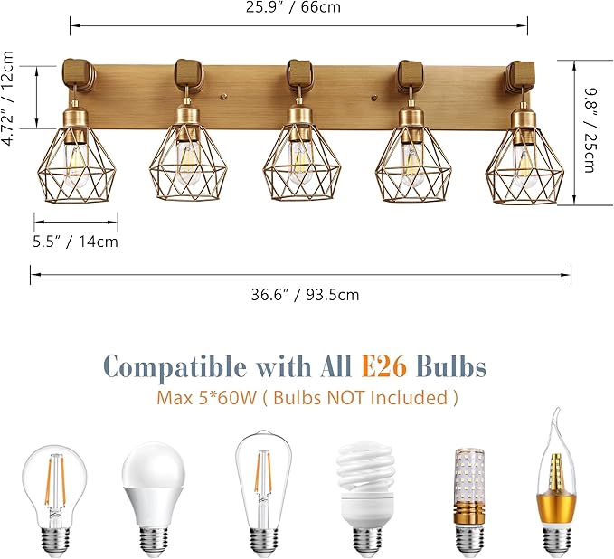 Farmhouse Bathroom Light Fixtures, 5-Light Gold Bathroom Vanity Light, Rustic Matte Antique Brass Finish with Metal Lampshade, Wall Sconces for Bedroom, Living Room, Hallway