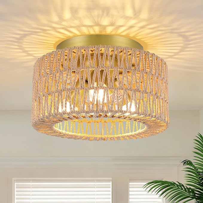 Rattan 3-Light Ceiling Light Fixture, Boho Flush Mount Ceiling Light, Modern Ceiling Light with Hand-Woven Shade for Bedroom Living Room Enterway Foyer