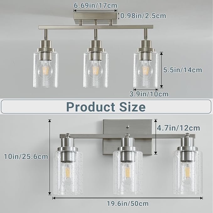 LOUSACE 3 Light Brushed Nickel Track Lighting, Modern Flush Mount Seeded Glass Ceiling Light, Kitchen Ceiling Mounted Light Fixtures Over Sink for Dining Room Kitchen Bathroom Hallway