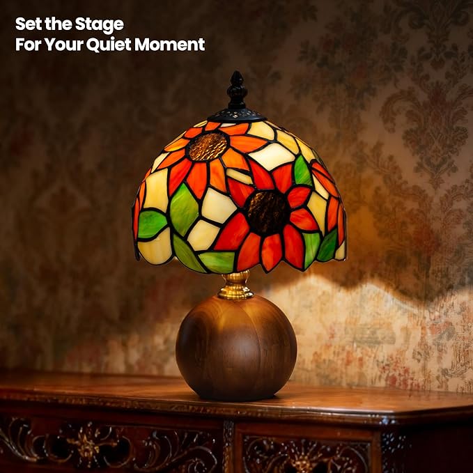 12.2" Handcrafted Sunflower Tiffany Lamp, Solid Wood Sphere Base, Stepless Dimmable Bedside Lamp for Reading Nook, Library & Mid-Century Decor, Aesthetic Antique Art Gifts, G45 LED Bulb Included