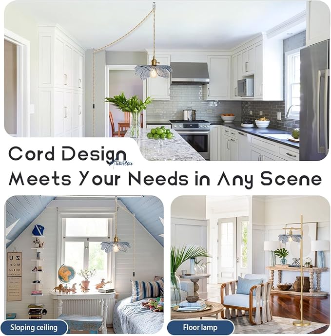 Plug in Pendant Light 2 Pack, Hanging Light with Plug in Cord On/Off Switch Modern Pendant Light fixtures with Blue Glass Shade Plug in Hanging lamp for Kitchen Dining Room Bedroom