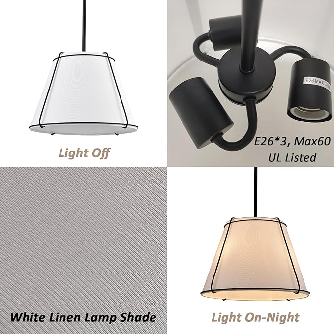 Modern Pendant Light Fixtures, 16" White Linen Drum Pendant Lights, Adjustable Hanging Light Fixture with Metal Frame, Black Chandelier for Bedroom Dining Room Kitchen Island Living Room