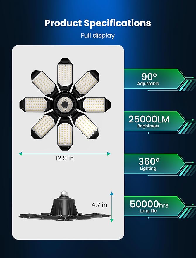 LED Garage Lights - 250W Ceiling LED with 8 Adjustable Panels, 25000LM Deformable Shop Light for Garage, Basement, Barn, High Bay Light, Support E26/E27 Screw Socket (4 Pack)
