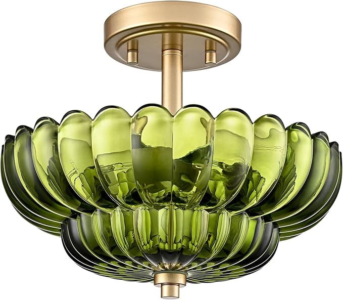Semi Flush Mount Ceiling Light Fixture, Green Glass 3-Light Modern Vintage Ceiling Lights, Scalloped Close to Ceiling Light, Gold Base Flush Mount Ceiling Light for Hallway Bedroom Entryway Kitchen