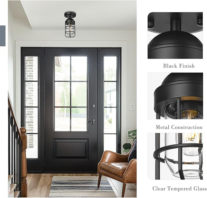 Emliviar Industrial Ceiling Light, Semi Flush Mount Lighting for Indoor, Clear Tempered Glass Shade in Black Finish, GE255F BK