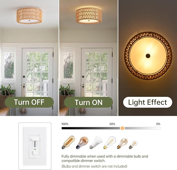 Boho Ceiling Light Fixtures 12.6" Flush Mount Ceiling Light, 3-Light Rattan Light Fixture for Bedroom Close to Ceiling Light Modern Ceiling Light for Foyer Hallway Entryway Kids Room
