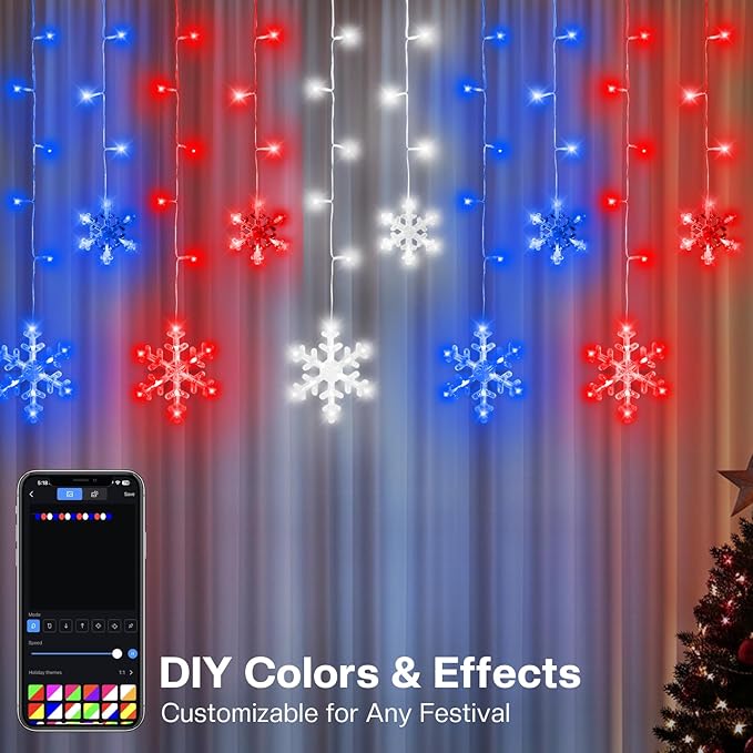16FT Smart Icicle Lights with Snowflake for Outside, App Control DIY Color Changing 16 Drops 208LEDs Outdoor Christmas Lights Plug In Window Curtain Light for Room, Roofline, Eaves, Patio