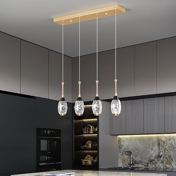 Modern Black Gold Pendant Light Dimmable LED Ceiling Light Fixtures Mini Teardrop Crystal Pendant Lighting for Kitchen Island Bedroom Hallway Entryway (4 Light，Champagne Gold)