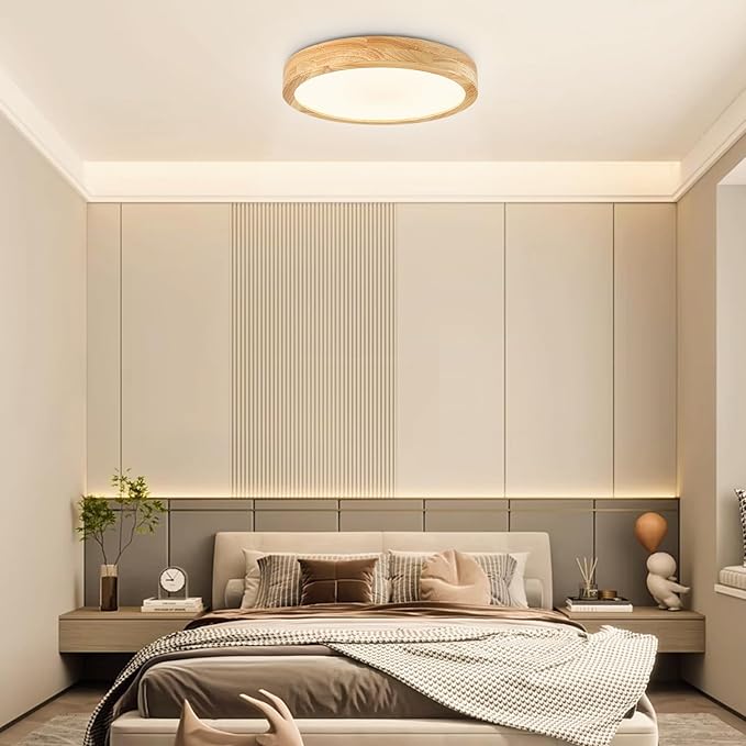 Modern Flush Mount Ceiling Light, LED Ceiling Light for Bedroom, Wood Light Fixture Warm White 3000K Not Dimmable, Round Flat Ceiling Lamp for Hallway, Kid's Room, Living Room, (Wood, 11.8")