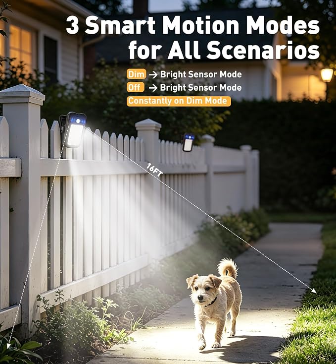 4 Pack Clip On Solar Lights Outdoor, 60 LED 500LM Motion Sensor Clamp Light, USB & Solar Powered Waterproof Security Lights for Fence Gutter Deck Camping, 1-Second Fast Install