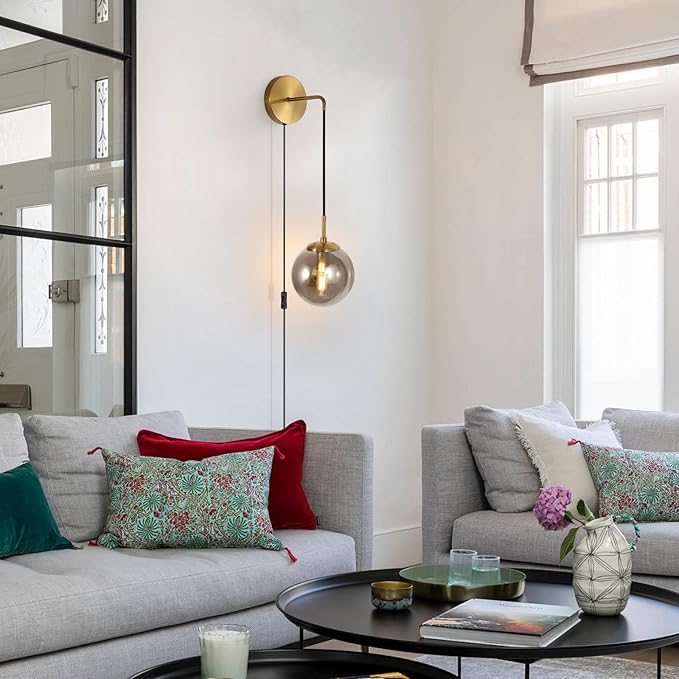 Wall Sconces Set of Two Plug in Wall Sconces 🔥🔥🔥 with Globe Smoke Grey Glass Shade Wall Lamp with Cord Wall Sconce Plug in Brushed Brass Gold Plug in Wall Sconces Set of 2 Plug in Wall Light Sconce