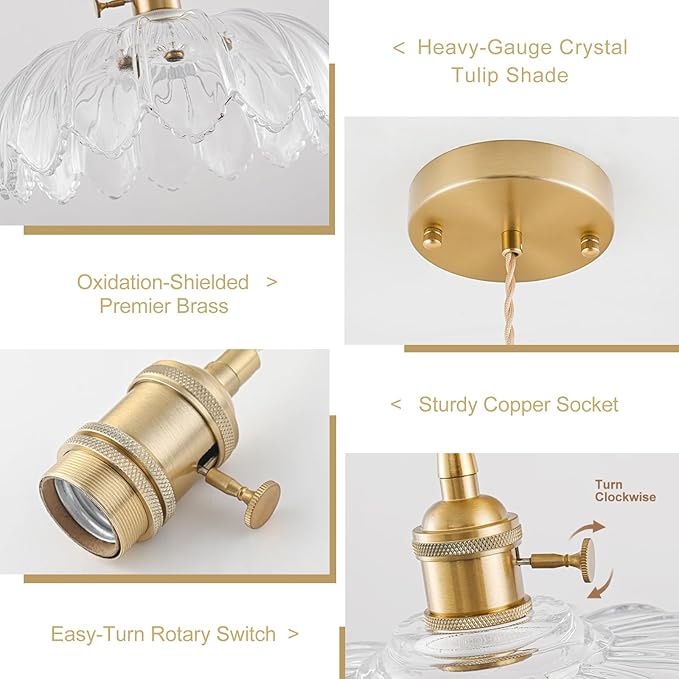 Glass Pendant Lights Kitchen Island, Vintage Brass Pendant Light Fixtures, Adjustable Transparent Kitchen Pendant Lighting Over Island for Bedroom Living Room Hallway Dining Room