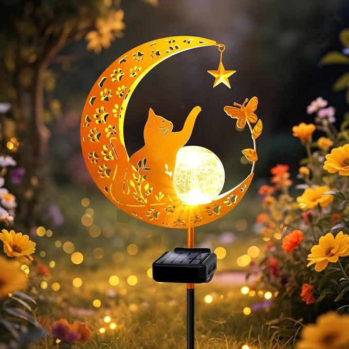 Solar Garden Decor Outdoor Statue, Moon Fairy Garden Figurines with Cat Design for Mom Women Grandma Solar Stake Lights for Patio, Yard, Lawn, Pathway (Warm White)