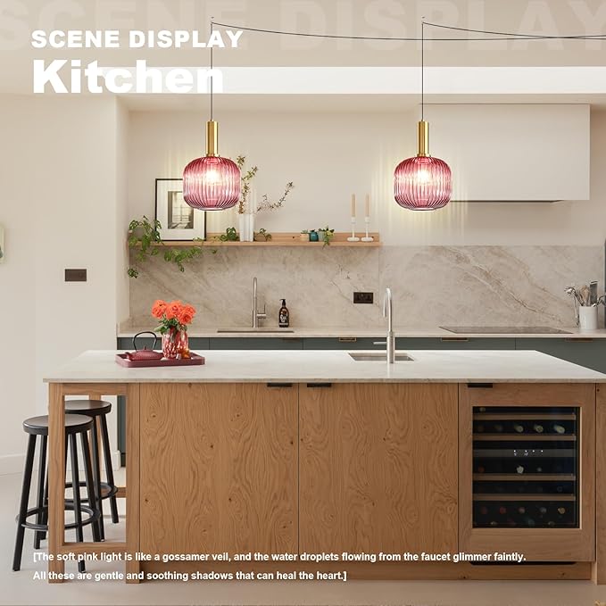 Plug in Hanging Light Fixture Pink Glass Pendant Light Plug in Mid Century Modern Chandelier Light Fixture with Cord Vintage Gold Swag Lamp for Girls Bedroom Baby Nursery Living Room Corner