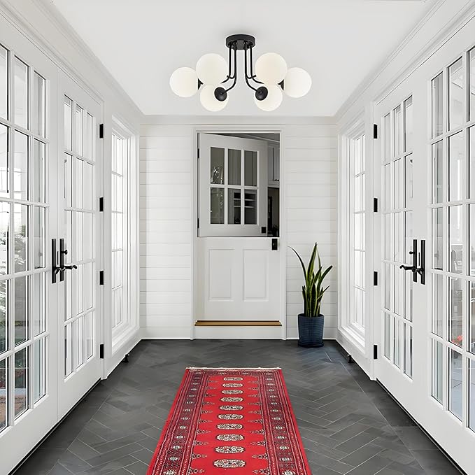 Modern Semi Flush Mount Ceiling Light 6-Light,Black White Glass Shade Semi Flush Mount Ceiling Light Sputnik Chandeliers for Bedroom Living Room Hallway Dining Room Lighting Fixture