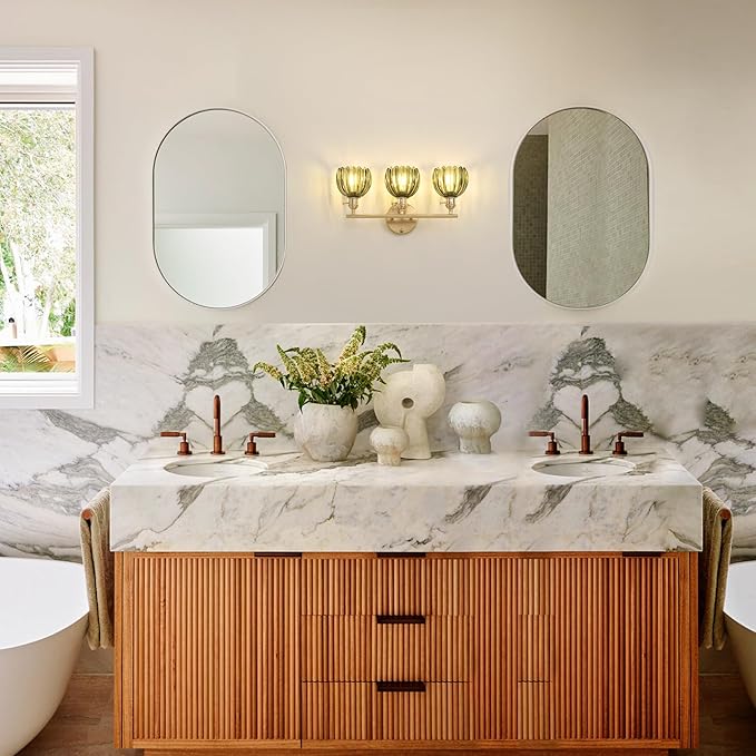 Shenmoyl Bathroom Light Fixtures, 3-Light Brass Vanity wall Light Over Mirror with Green Tulip Glass Shade for Bedroom Living Room (Bulb Not Included)