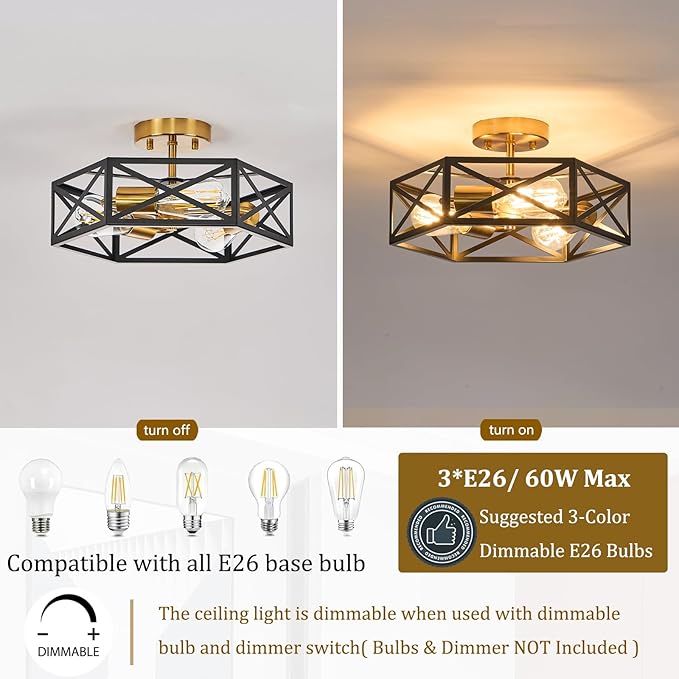 Modern Farmhouse Black and Gold Ceiling Light,Industrial Semi Flush Mount Ceiling Lighting Fixture,Hexagonal Lighting Fixtures for Kitchen,Bedroom,Foyer,Dining Room,Hallway,3-Light,14.6 Inch