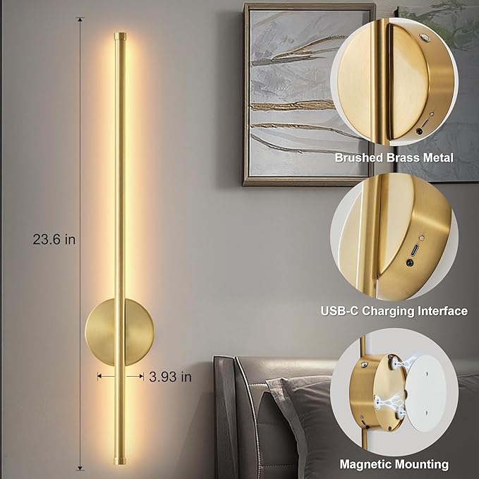 Battery Operated Modern Wall Sconces Set of Two,Rechargeable Wireless Wall Lights with Remote Control,Dimmable,3CCT,Timer,360°Rotation,Cordless Lighting for Bedroom,Living Room,Hallway,Brass,23.6 Inch